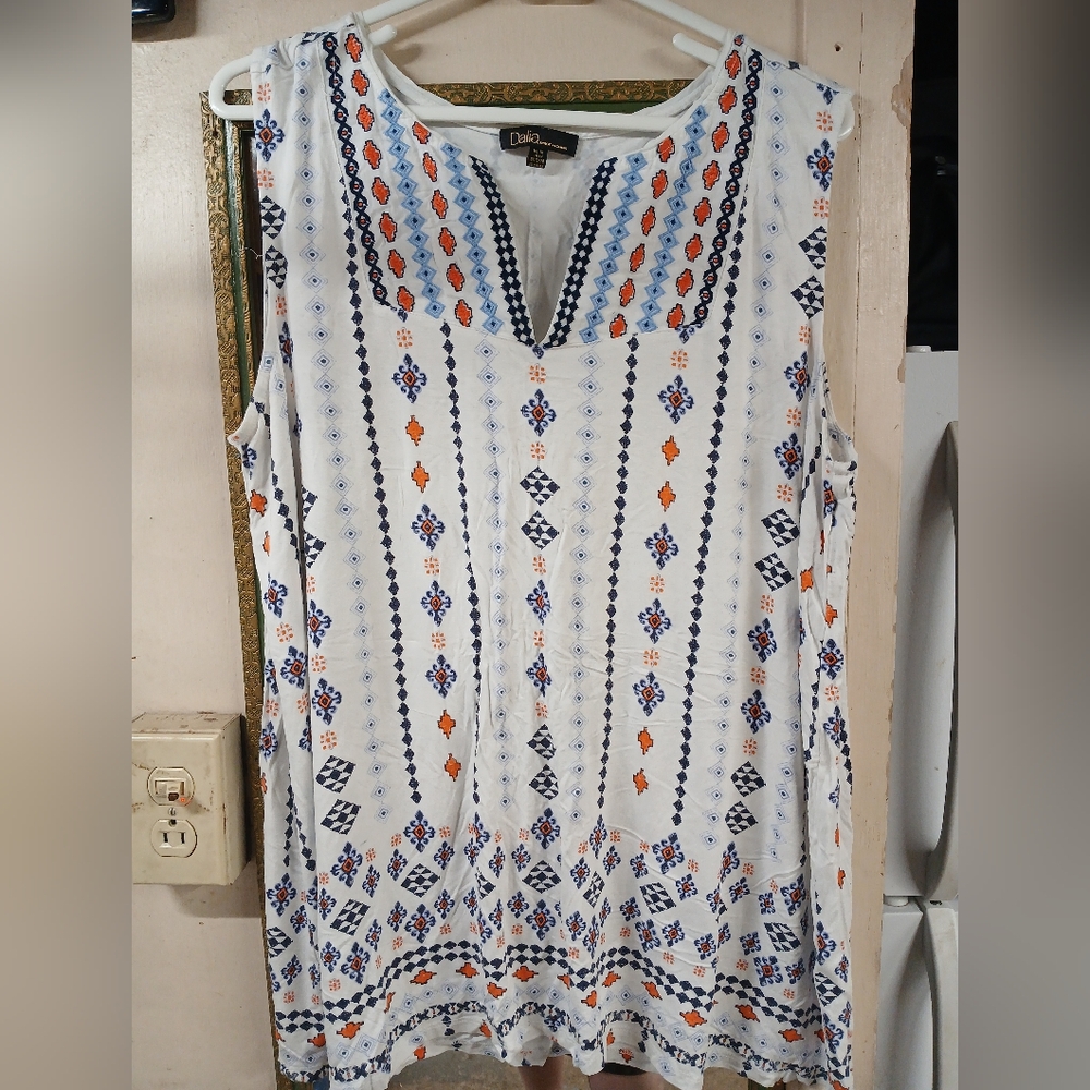 Dalia Navy, Orange, and White Geometric Sleeveless Shirt